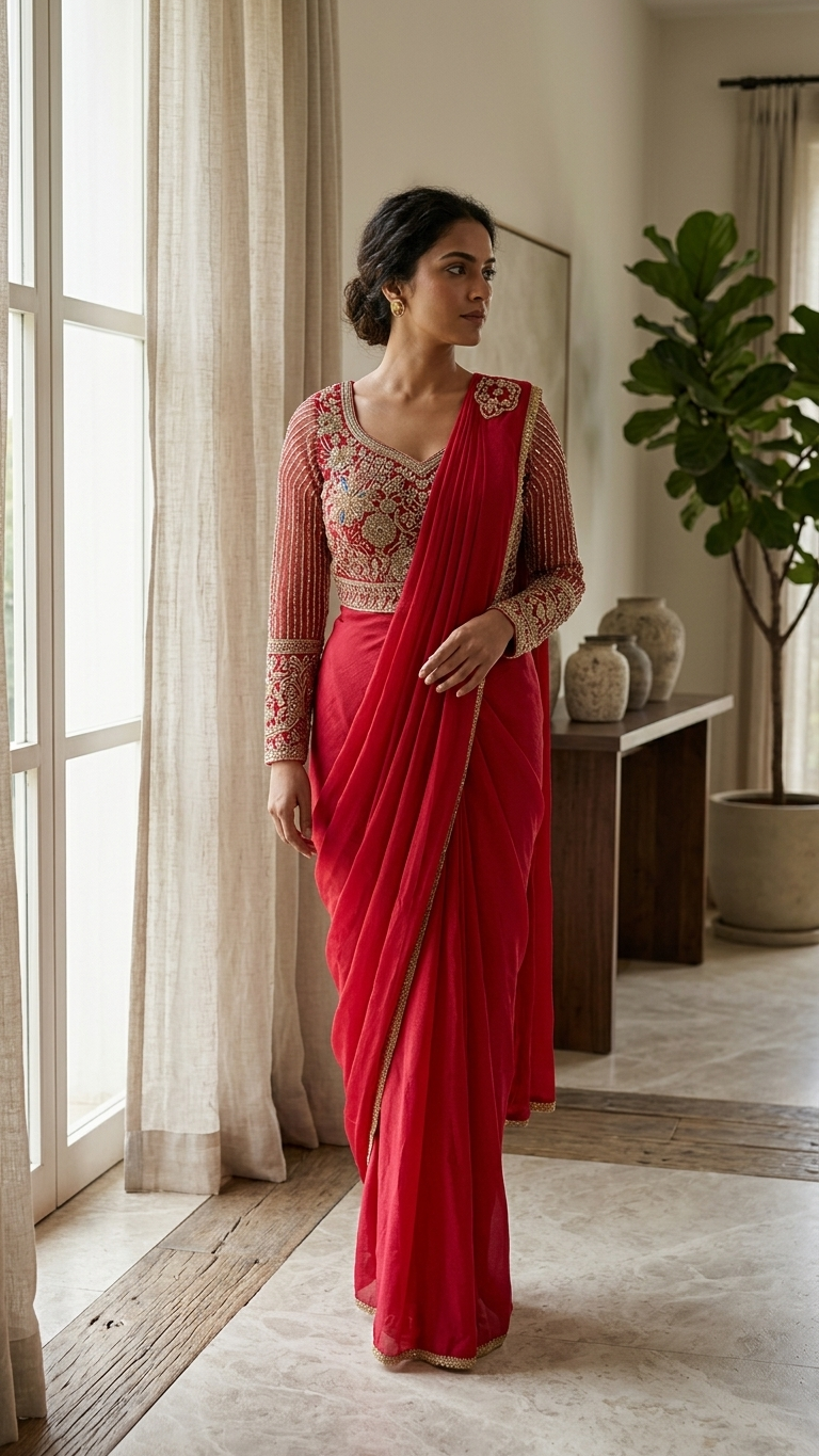 Bright red saree with zari and sequin embroidered blouse Chandni Chowk wedding wear