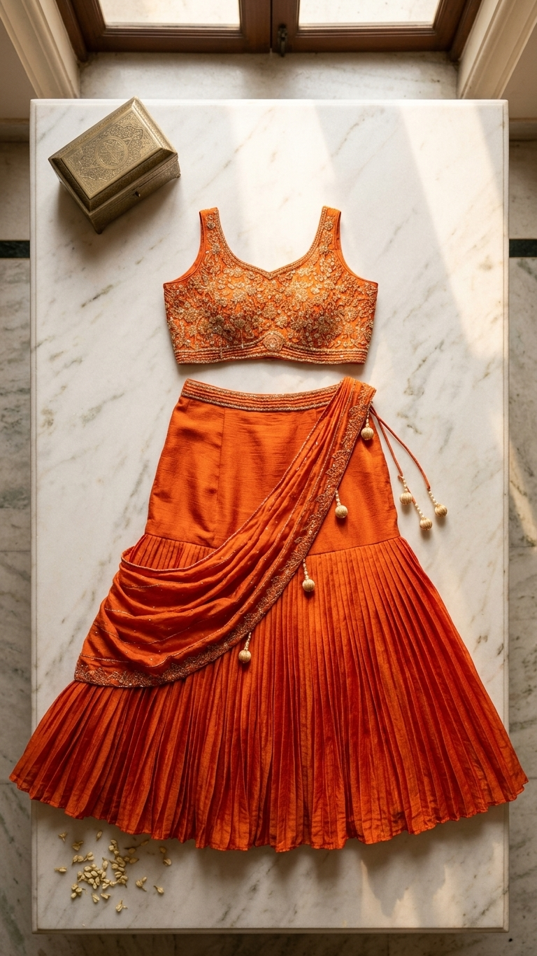 Burnt orange festive indo western outfit with tassel detailing Chandni Chowk fashion