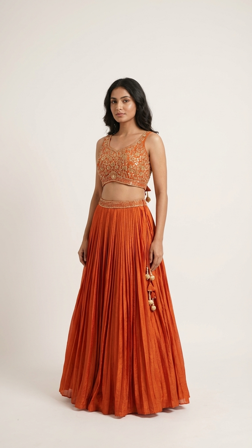 Burnt orange indo western outfit with pleated skirt Chandni Chowk designer festive wear