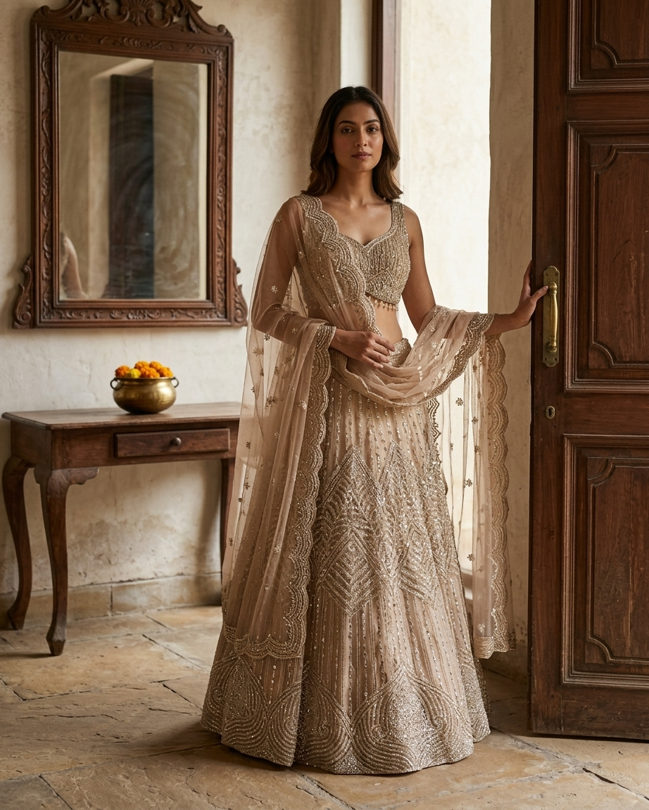 Champagne gold bridal lehenga elegant wedding wear for women India