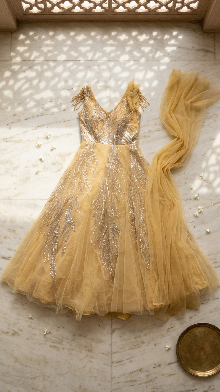 Champagne gold designer gown inspired by Chandni Chowk premium ethnic fashion