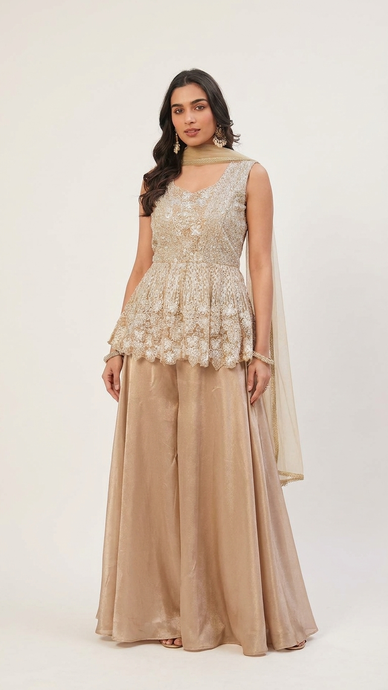 Champagne gold fusion outfit inspired by Chandni Chowk modern ethnic fashion