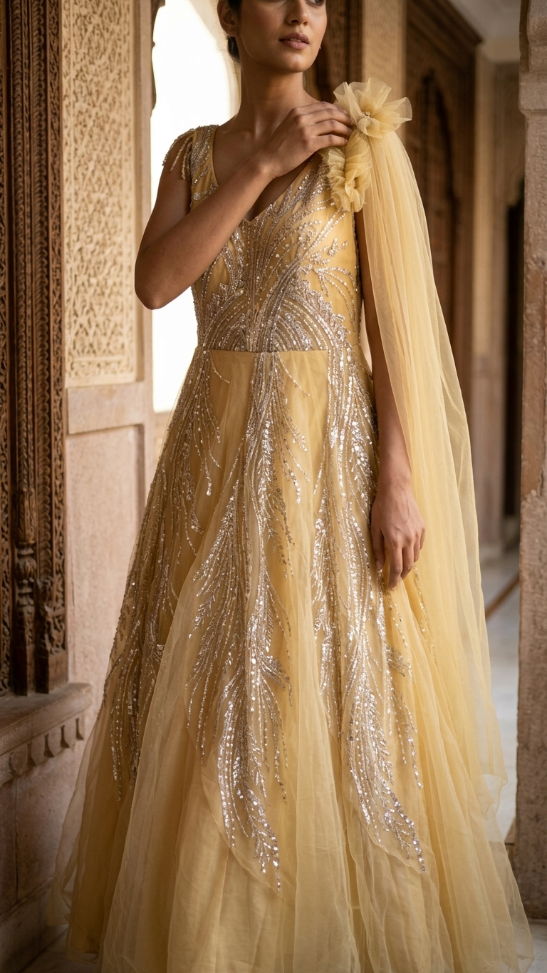 Champagne gold gown stylish cocktail and reception wear for women India