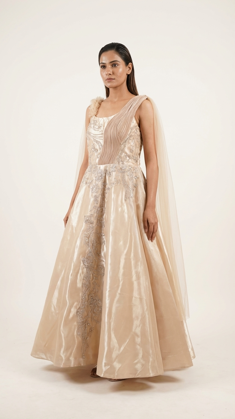 Champagne gold designer gown with hand embroidery Chandni Chowk reception wear for women