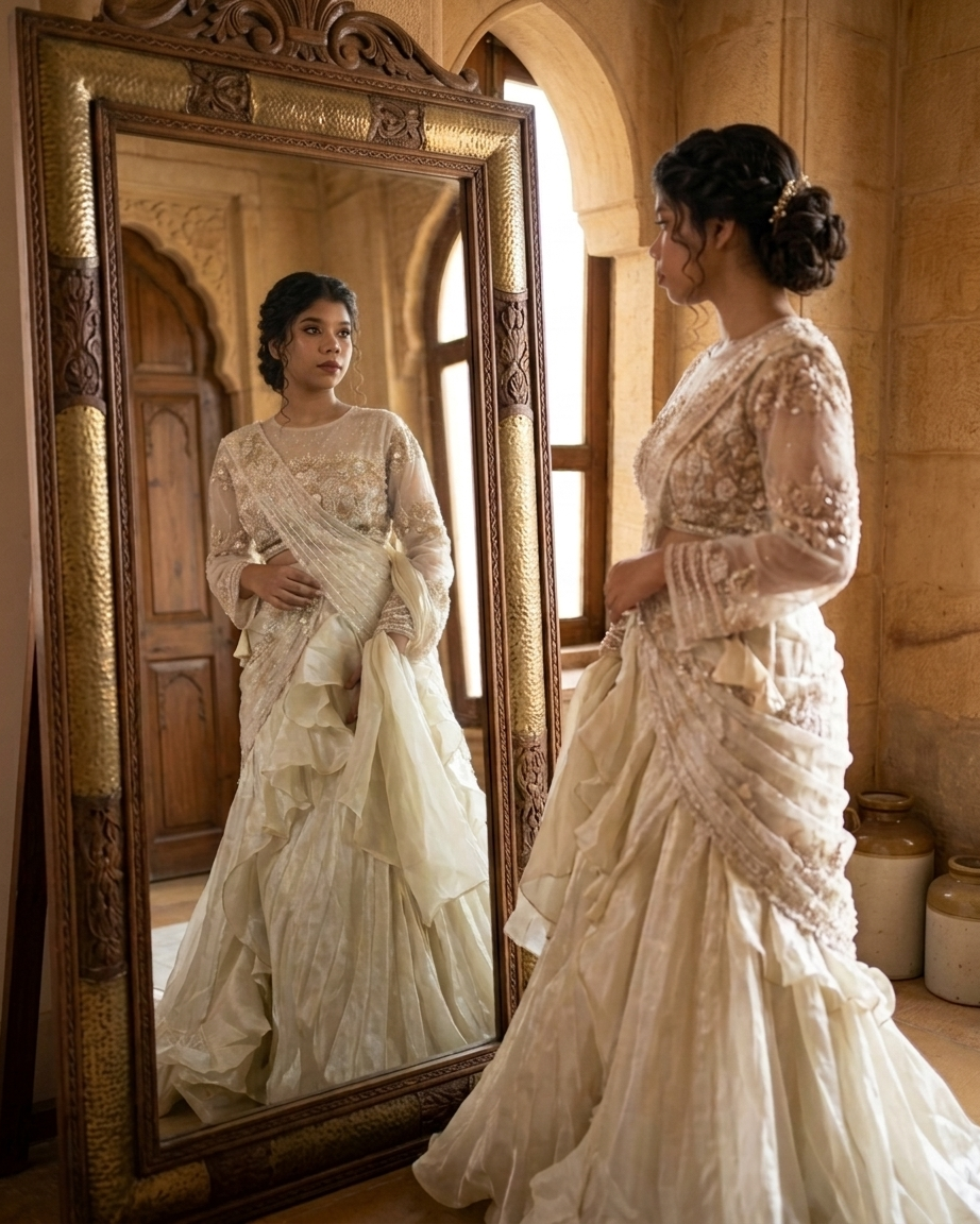 Champagne gold designer saree elegant reception and cocktail wear for women India