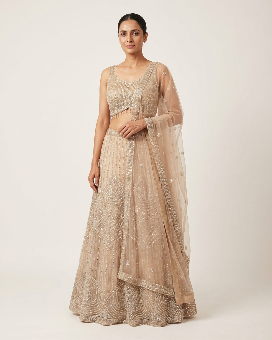 Champagne gold lehenga with Mughal zardosi work Chandni Chowk bridal wear for women