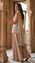 Champagne gold peplum lehenga with chikankari embroidery Chandni Chowk festive wear