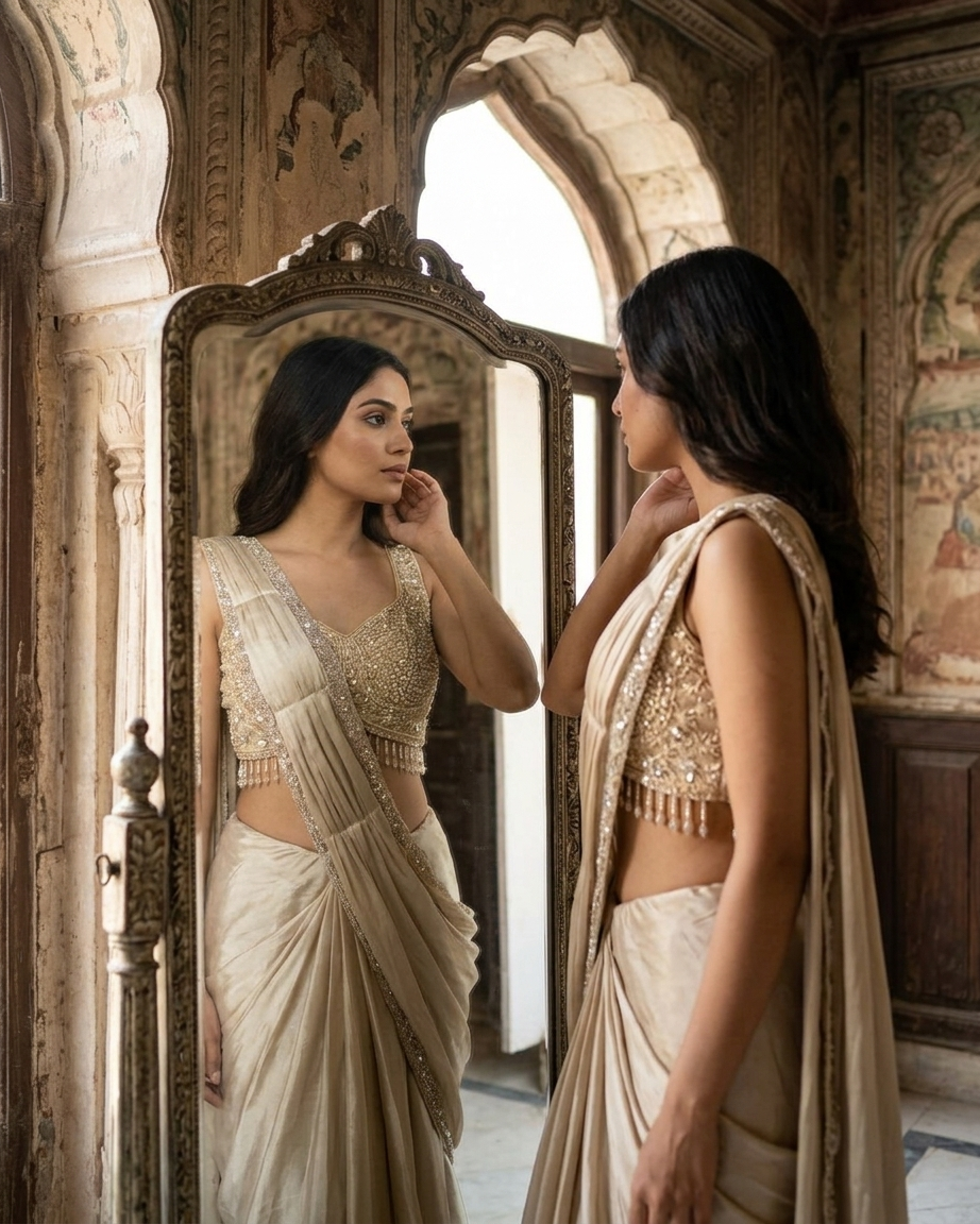 Champagne gold satin silk saree with sequin work Chandni Chowk wedding wear for women