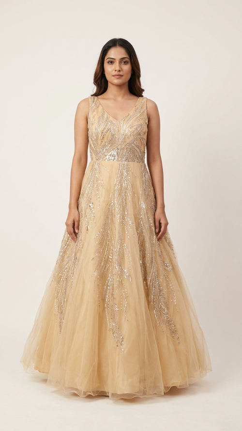 Champagne gold gown with sequin embroidery Chandni Chowk wedding party wear for women