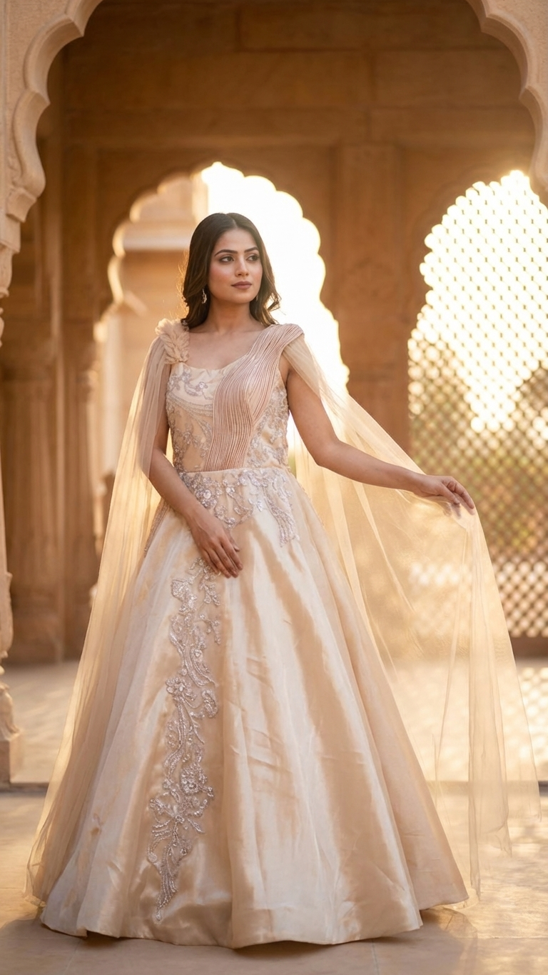 Champagne gold gown elegant reception and engagement wear for women India
