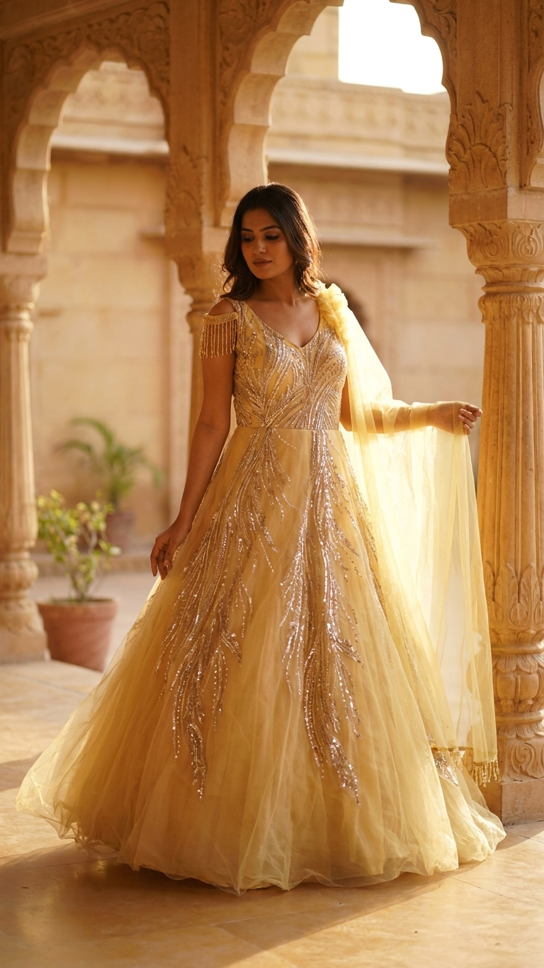 Champagne gown with thread embroidery on tulle fabric elegant Chandni Chowk fashion
