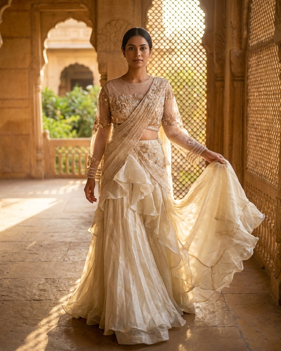 Champagne gold organza saree with ruffle detailing Chandni Chowk designer party wear