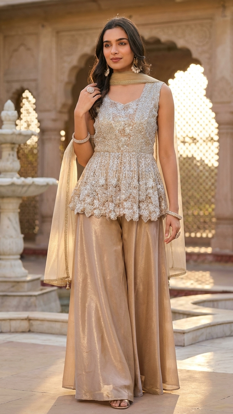 Champagne peplum top with thread embroidery sequins and beadwork Chandni Chowk fashion