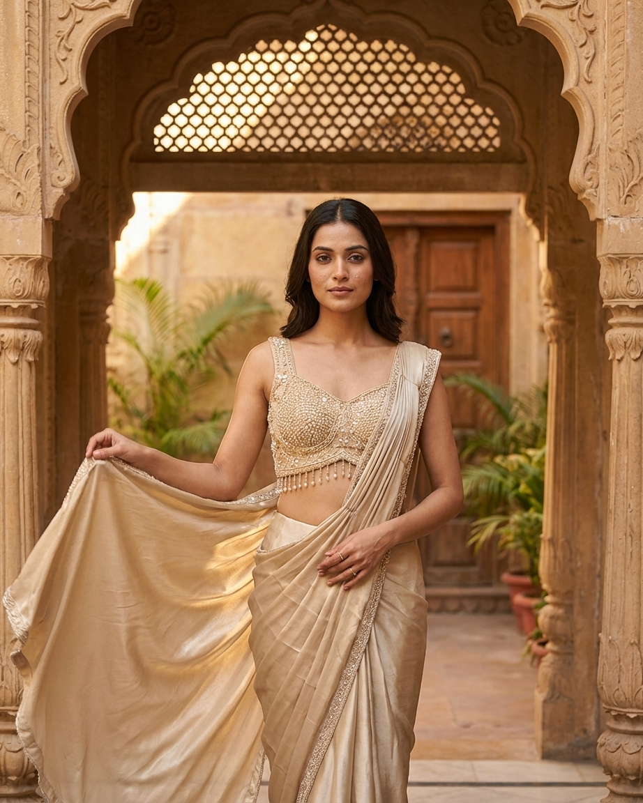 Champagne gold saree elegant reception and wedding wear for women India