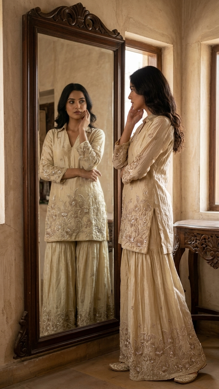 Champagne suit with floral thread embroidery and sequins Chandni Chowk style ethnic wear