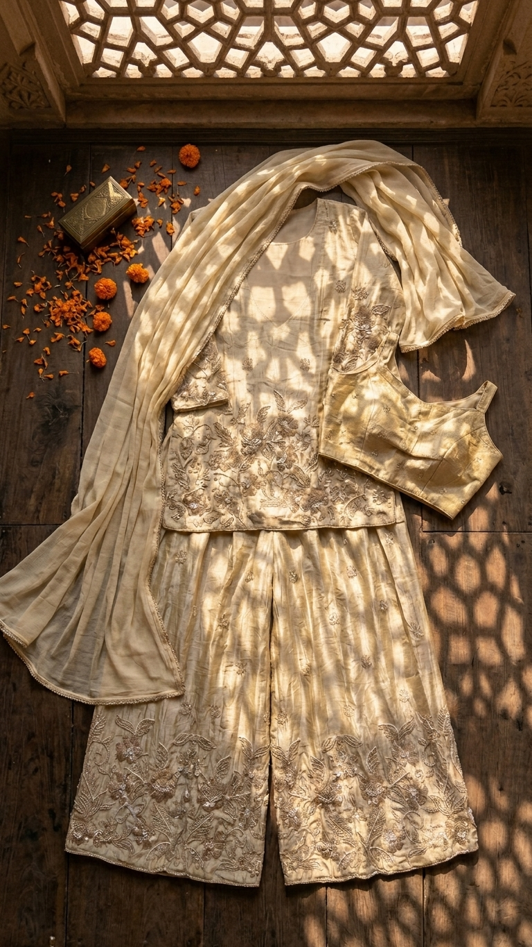 Ivory chanderi silk suit elegant wedding and festive wear for women India