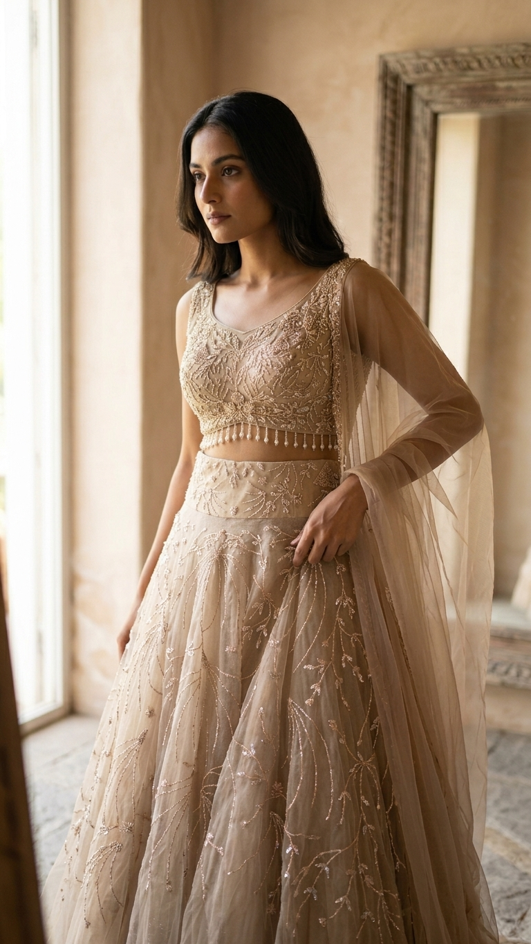 Premium cream party wear gown from Dilli 6 Online, featuring butterfly sleeves and rich handwork, inspired by Chandni Chowk fashion