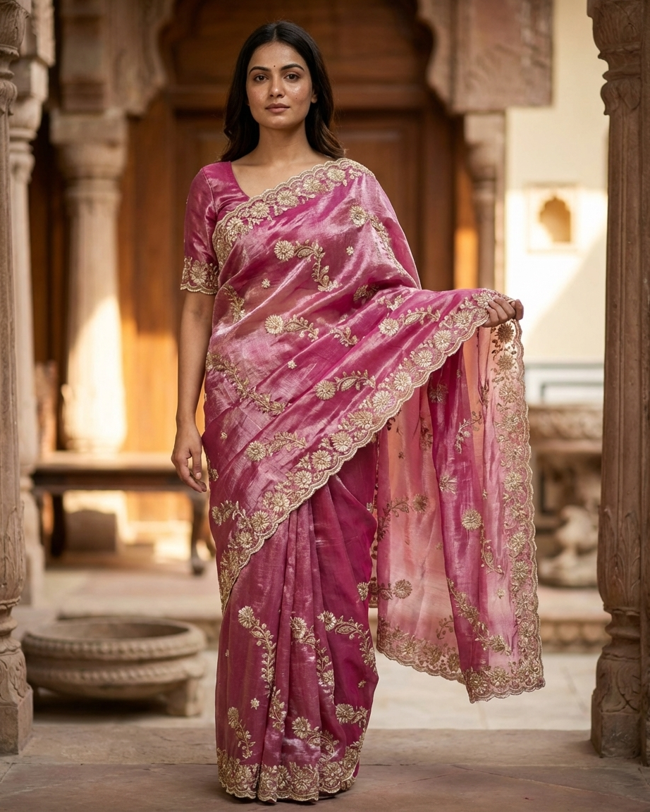 Close-up of pearl and thread embroidery on pink saree festive wear India