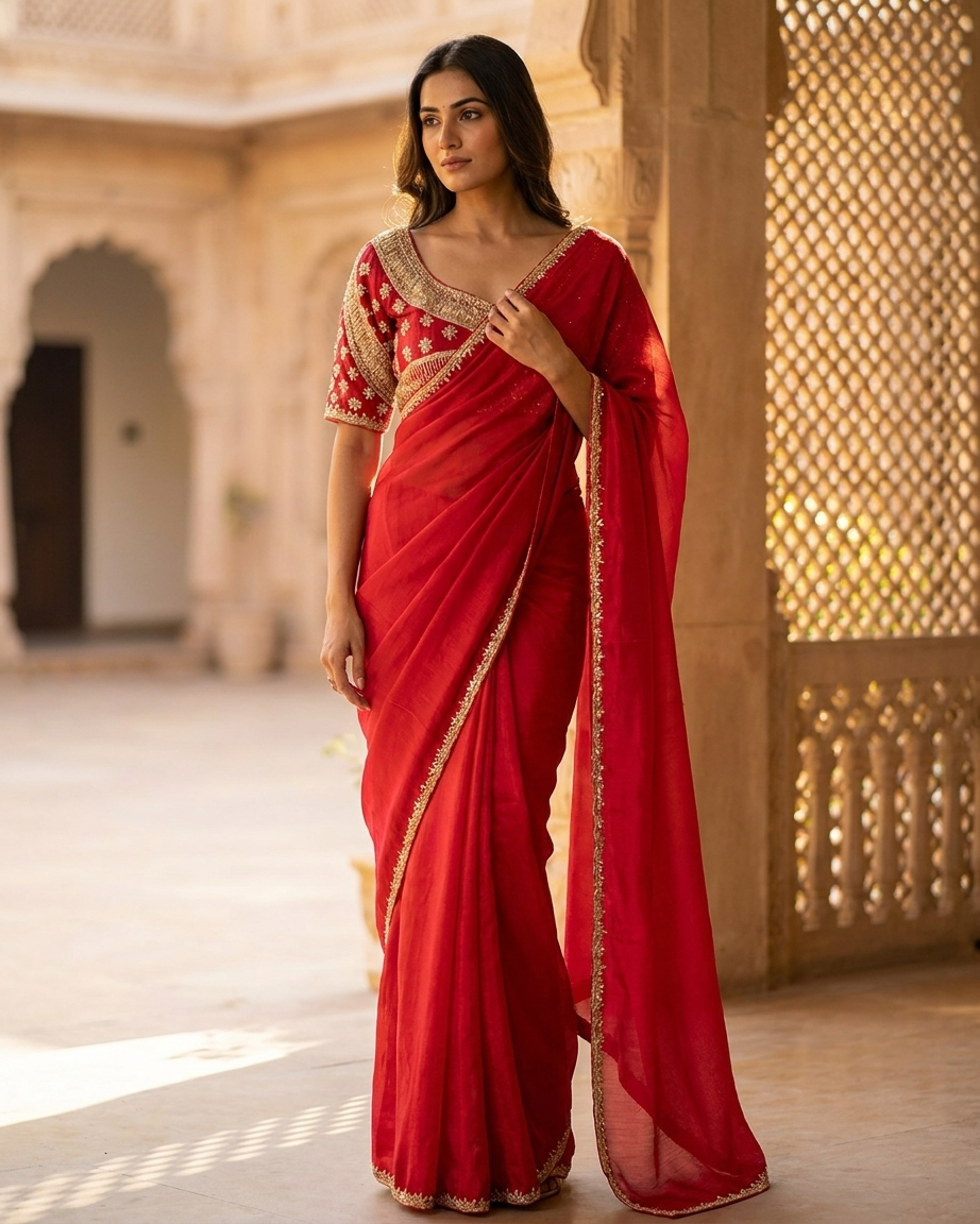 Cherry red saree with hand katdana embroidery Chandni Chowk festive wear