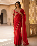 Cherry red saree with hand katdana embroidery Chandni Chowk festive wear