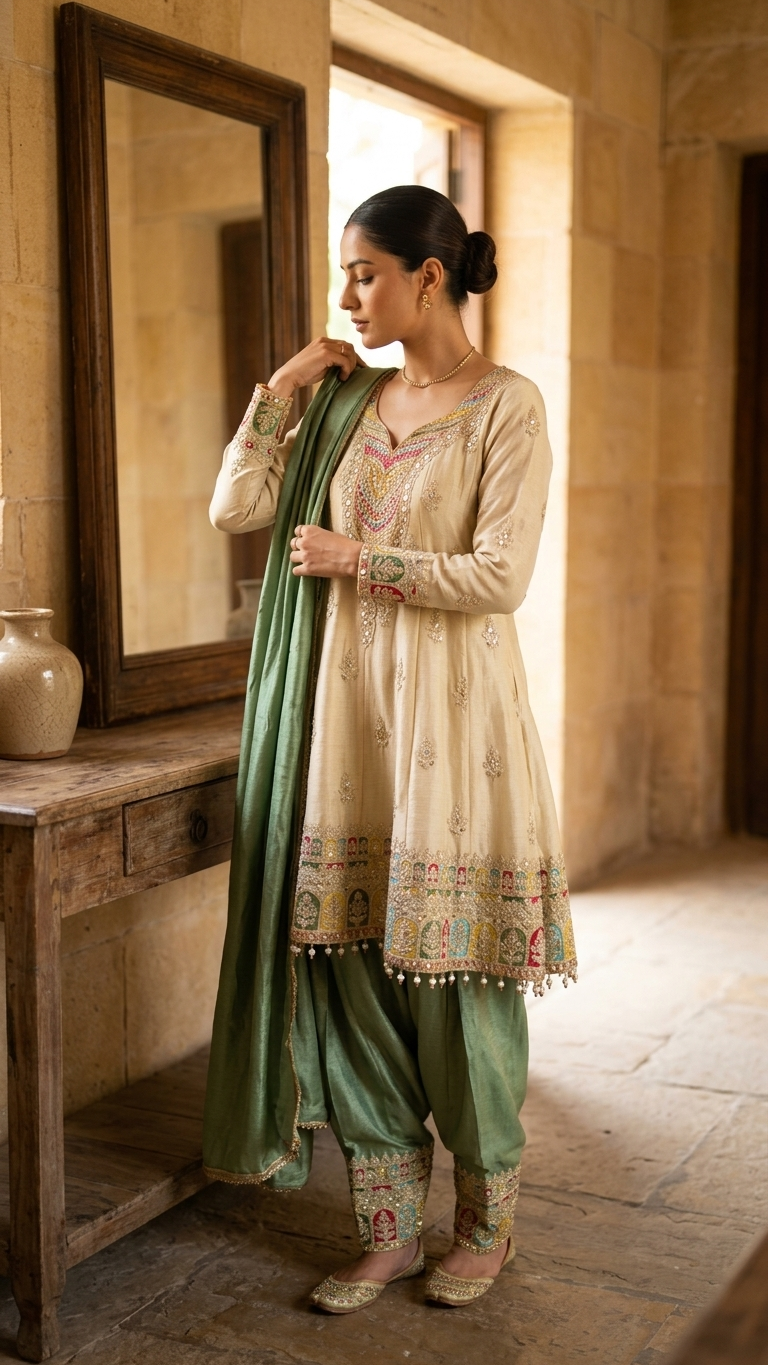 Chinon crepe suit in white and green color stylish festive and day function outfit
