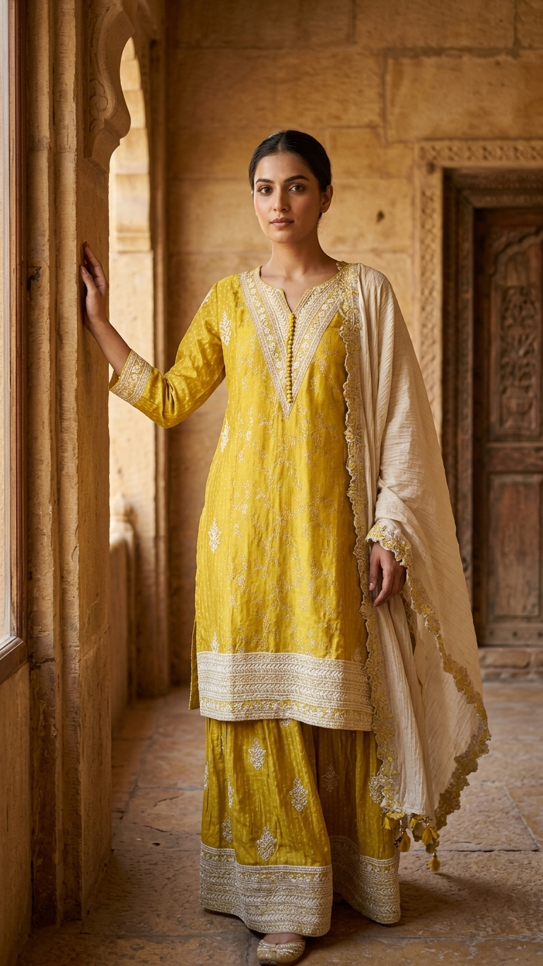 Yellow chinon suit for haldi function with thread work Chandni Chowk style outfit