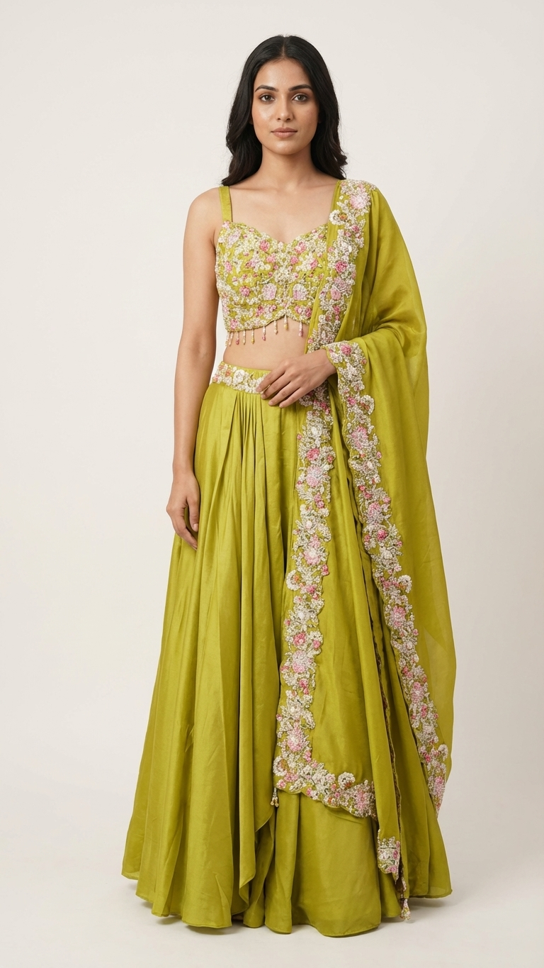 Citron lime green outfit with thread and sequin work Chandni Chowk style fashion