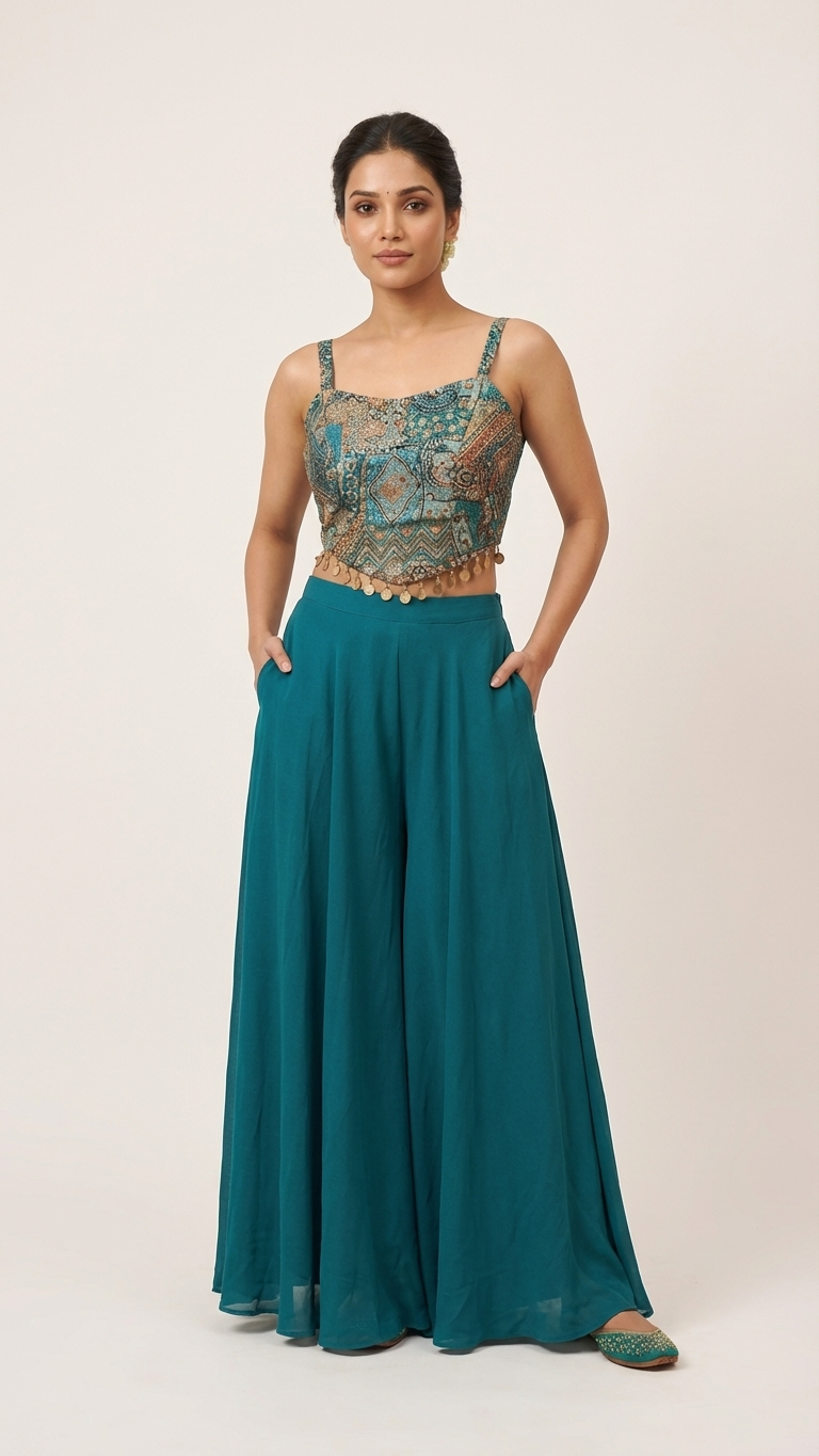 Corset style blouse with plazo mirror work indo western festive outfit for women India