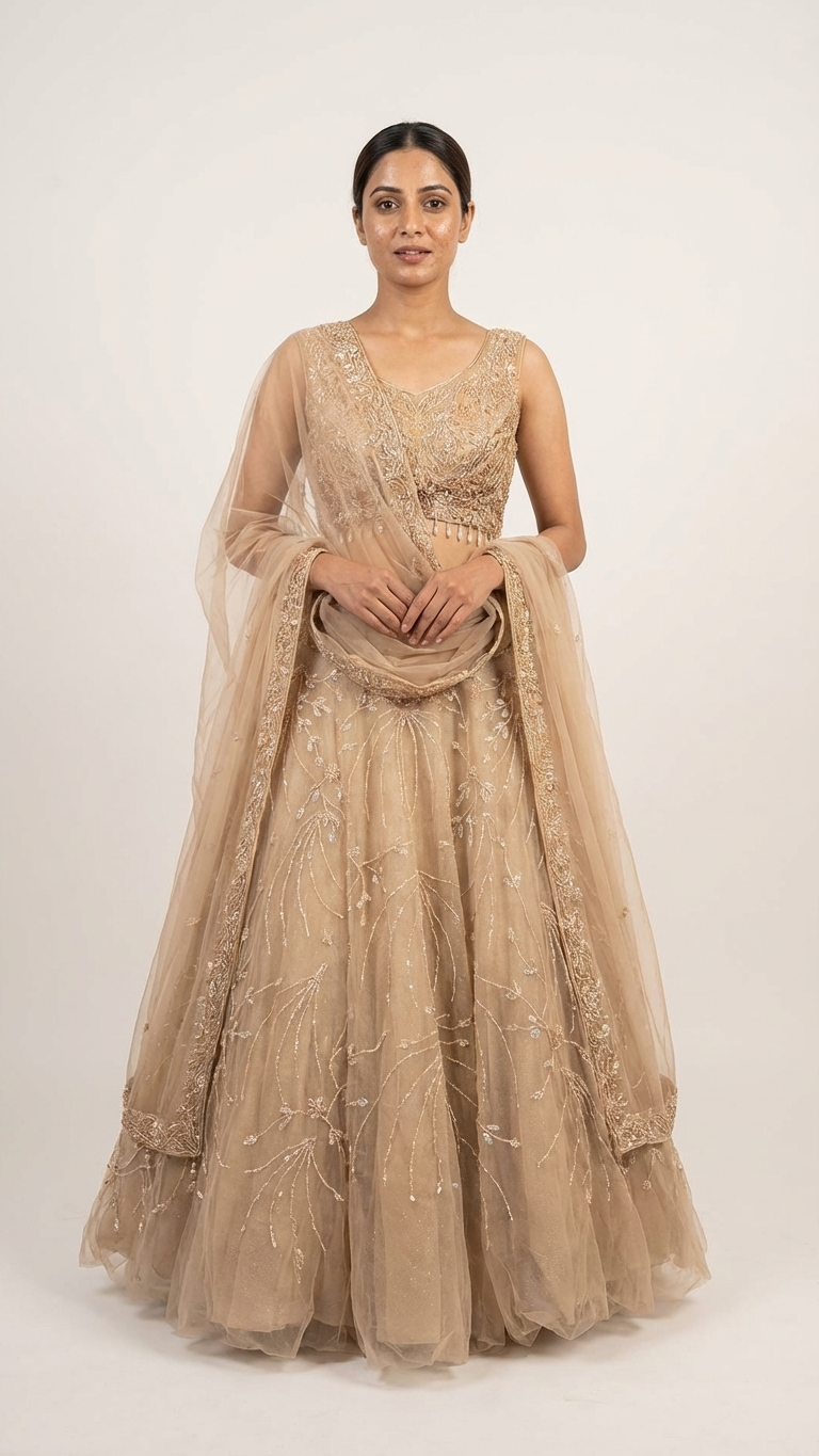 Cream fish cut gown in net fabric with heavy handwork, elegant butterfly sleeves, perfect engagement and party wear from Chandni Chowk Delhi