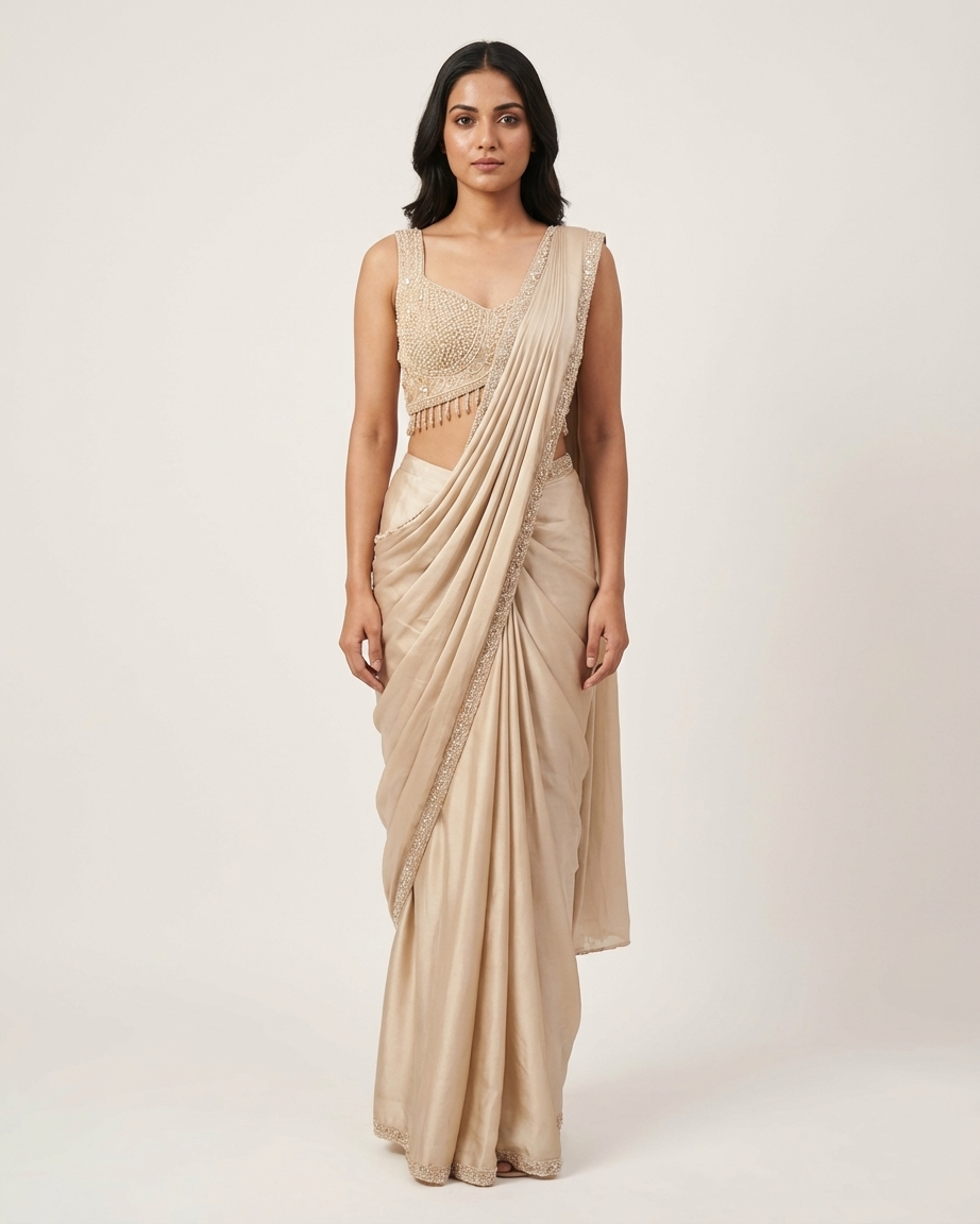 Cream gold saree with pearl latkan and zari embroidery Chandni Chowk style ethnic wear