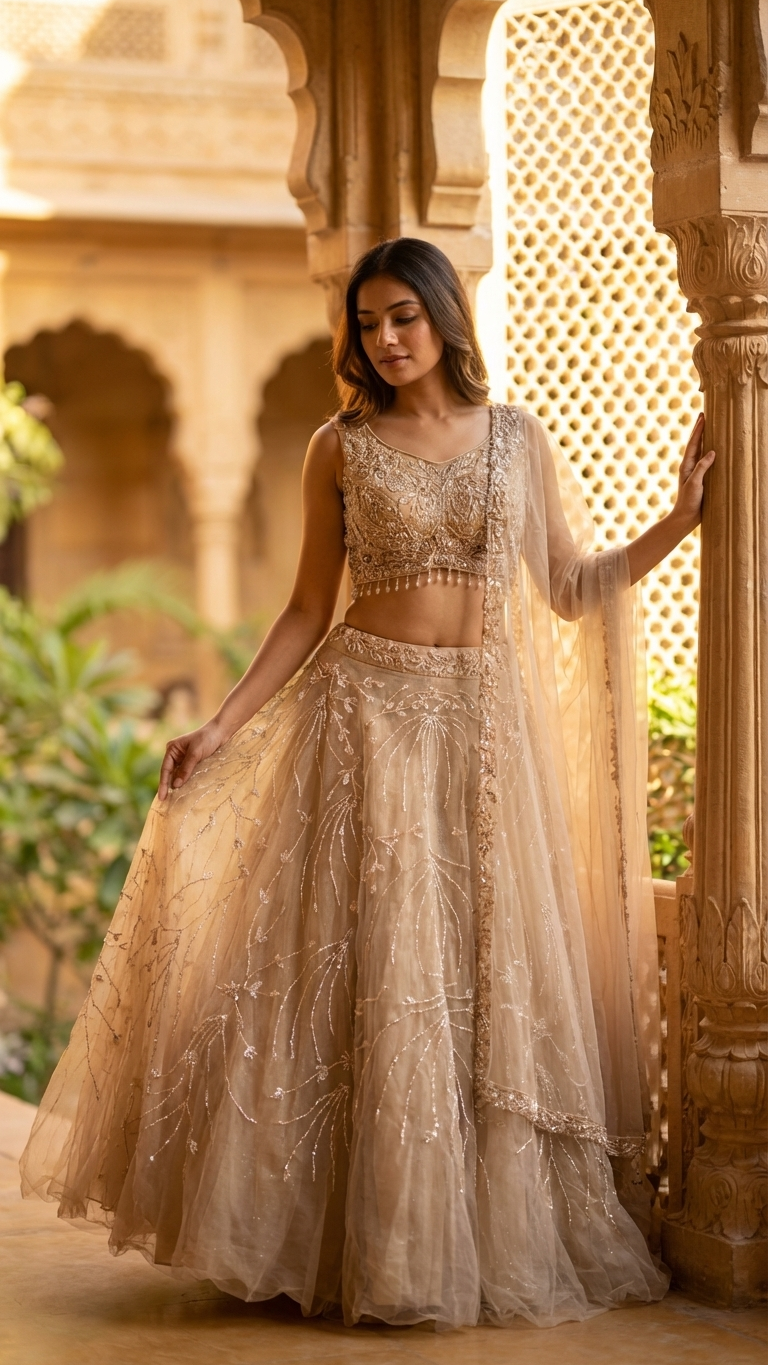 Designer cream mermaid style gown with detailed front and back embroidery, butterfly sleeves, premium evening wear for women