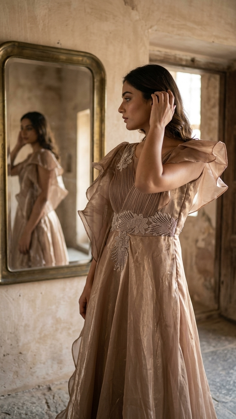 Deep cocoa gown in chiffon velvet blend with sequin work Chandni Chowk style