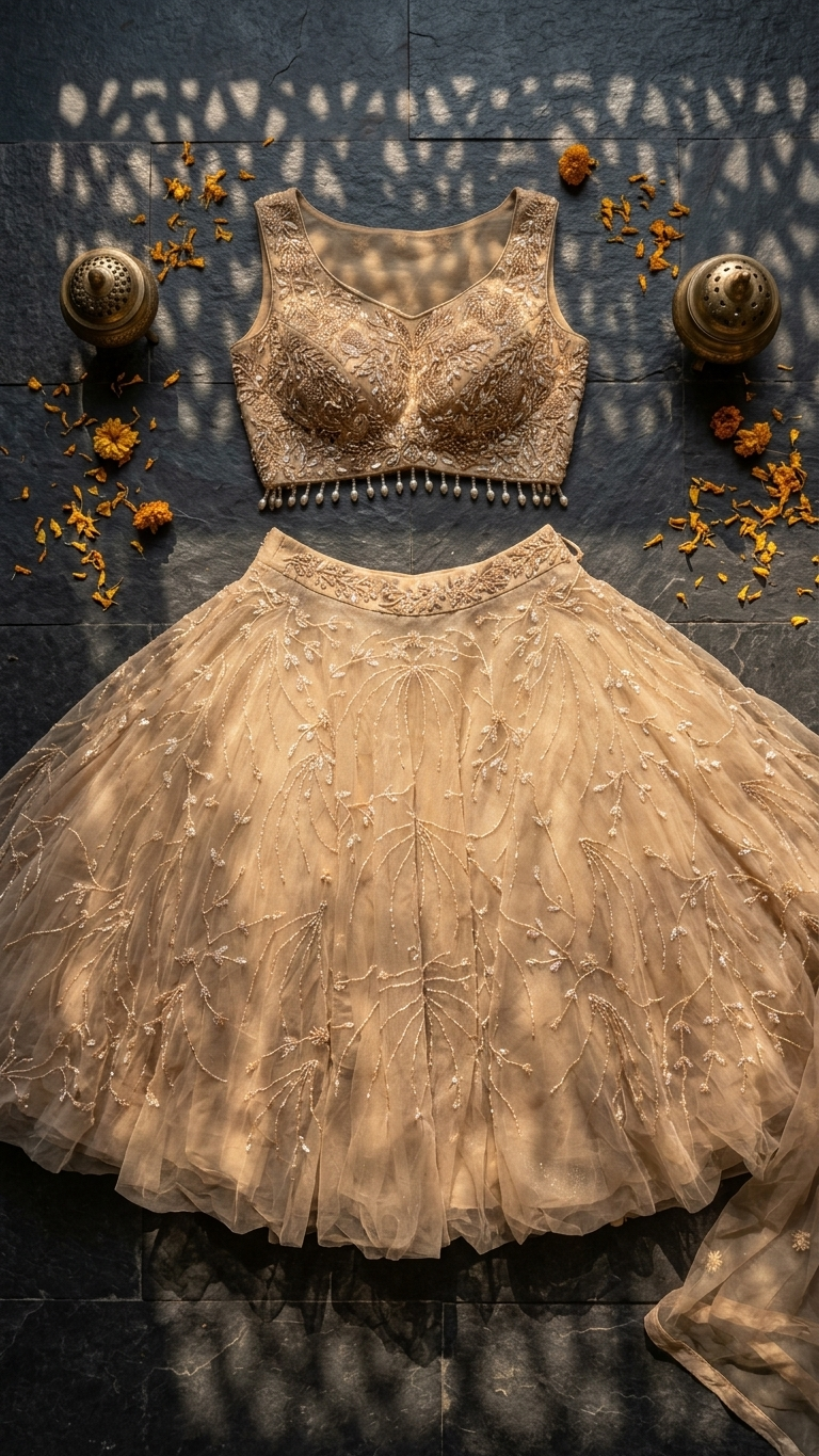Cream net gown with heavy hand embroidery and structured fish cut silhouette, ideal for engagement and wedding functions in India