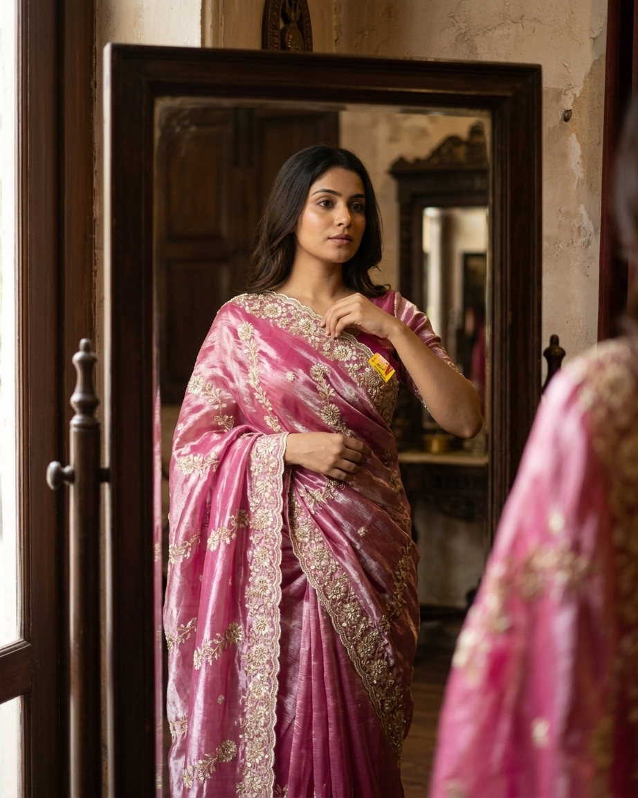 Pink shimmer chinon saree with thread and pearl work from Chandni Chowk by Dilli6 Online