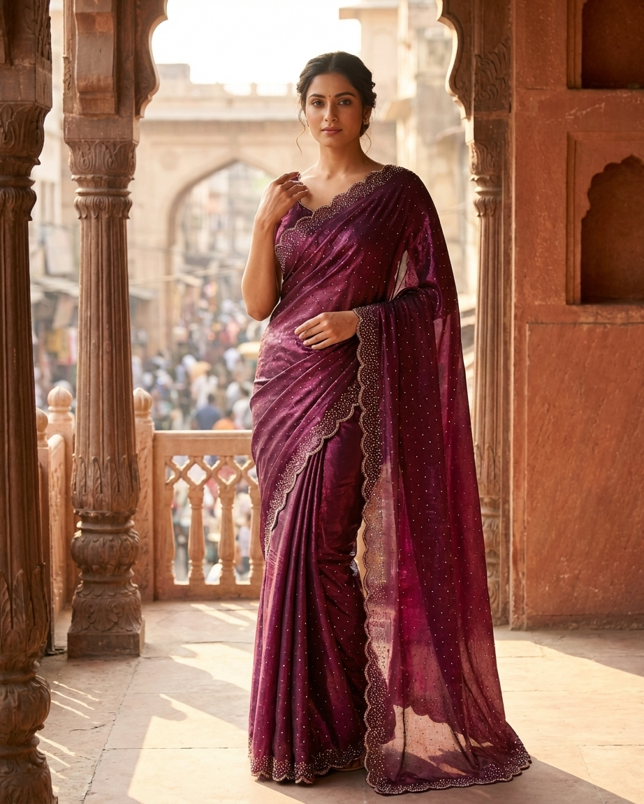 Close-up of Swarovski embellishments on wine chinon saree festive wear