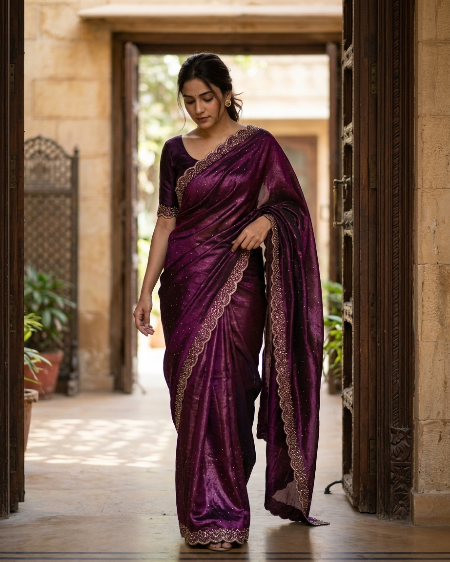 Wine saree draped look for wedding and party wear from Dilli 6 collection