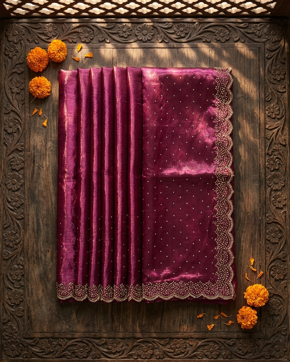 Elegant wine saree pallu design with shimmer fabric and detailed work