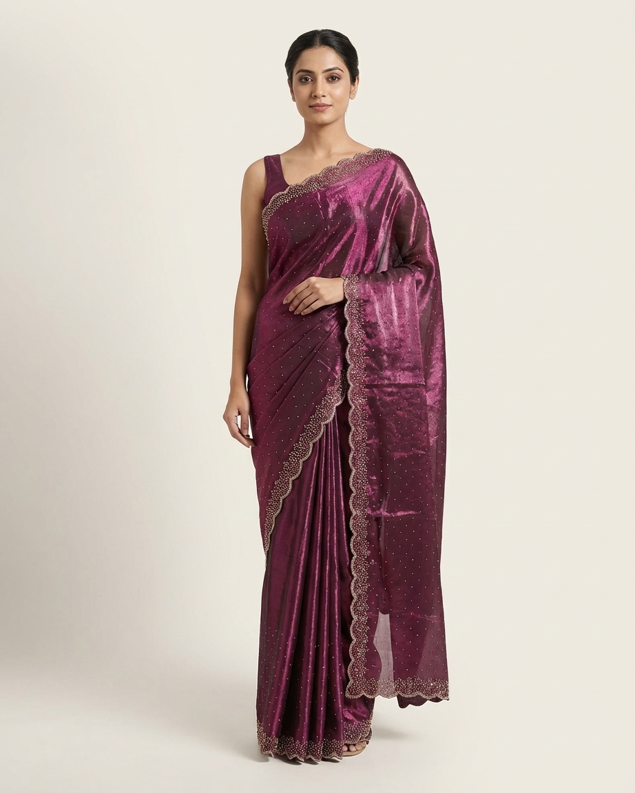 Wine shimmer chinon saree with Swarovski work from Chandni Chowk by Dilli6 Online