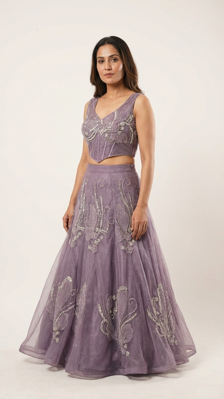 Dusty lavender fish cut gown with 3D floral embroidery Chandni Chowk party wear for women