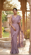 Dusty mauve ruffle saree with embroidered blouse modern Chandni Chowk fashion