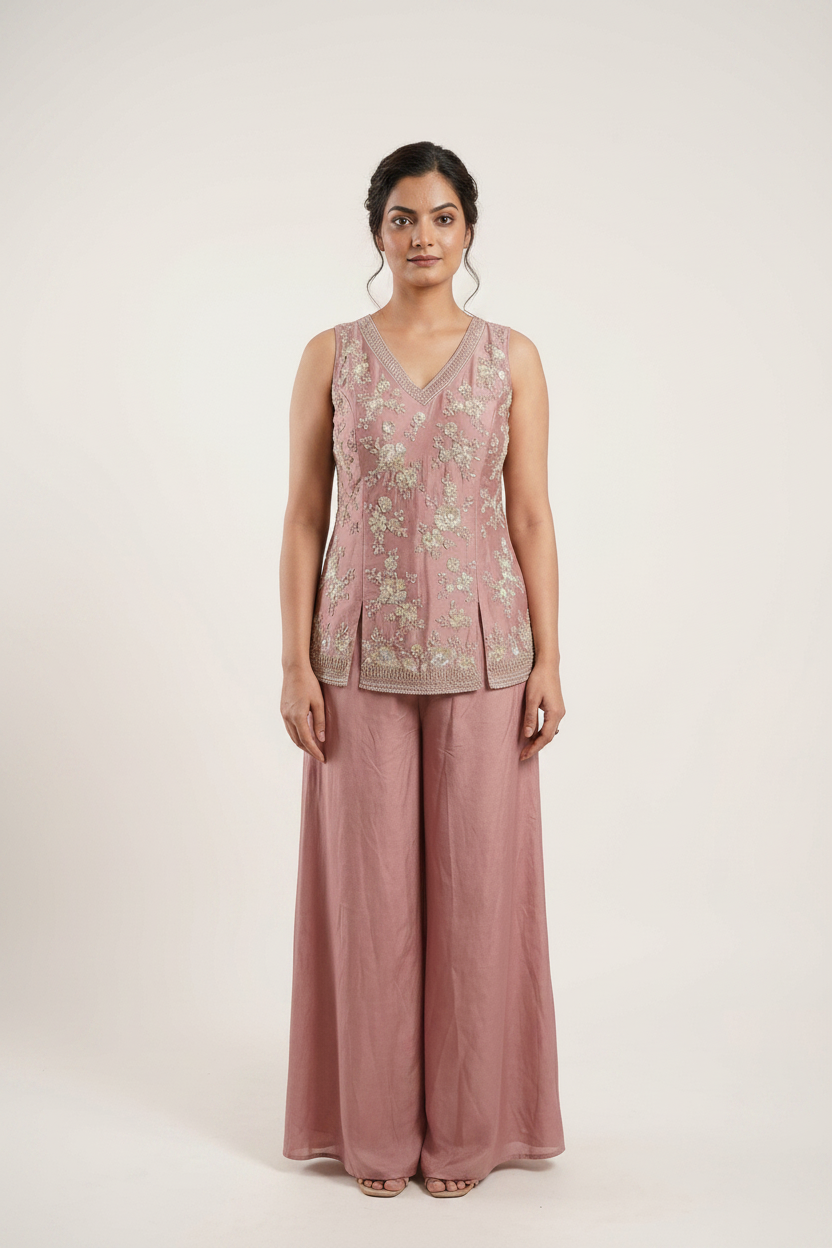 Dusty pink peplum suit with floral embroidery and sequin work elegant ethnic fashion