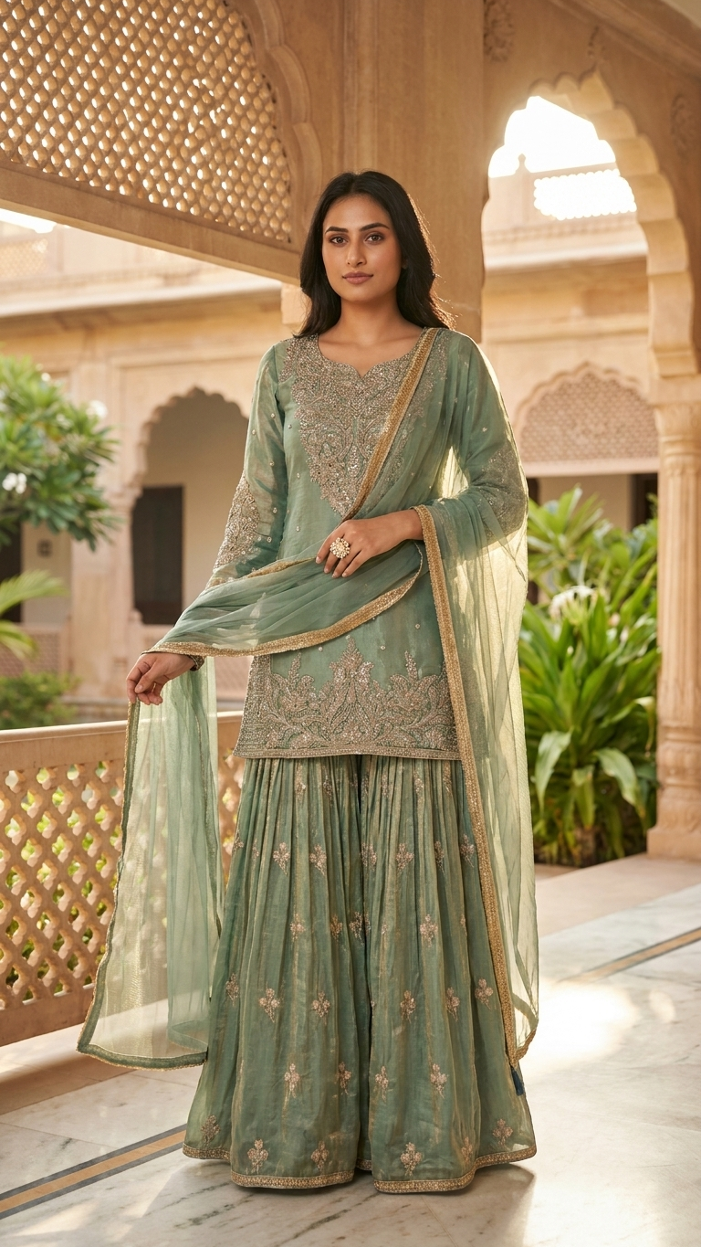 Dusty teal suit with thread embroidery and floral sharara Chandni Chowk fashion