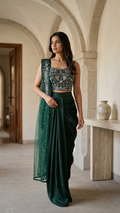 Emerald green draped set with crystal embroidered blouse Chandni Chowk premium wear