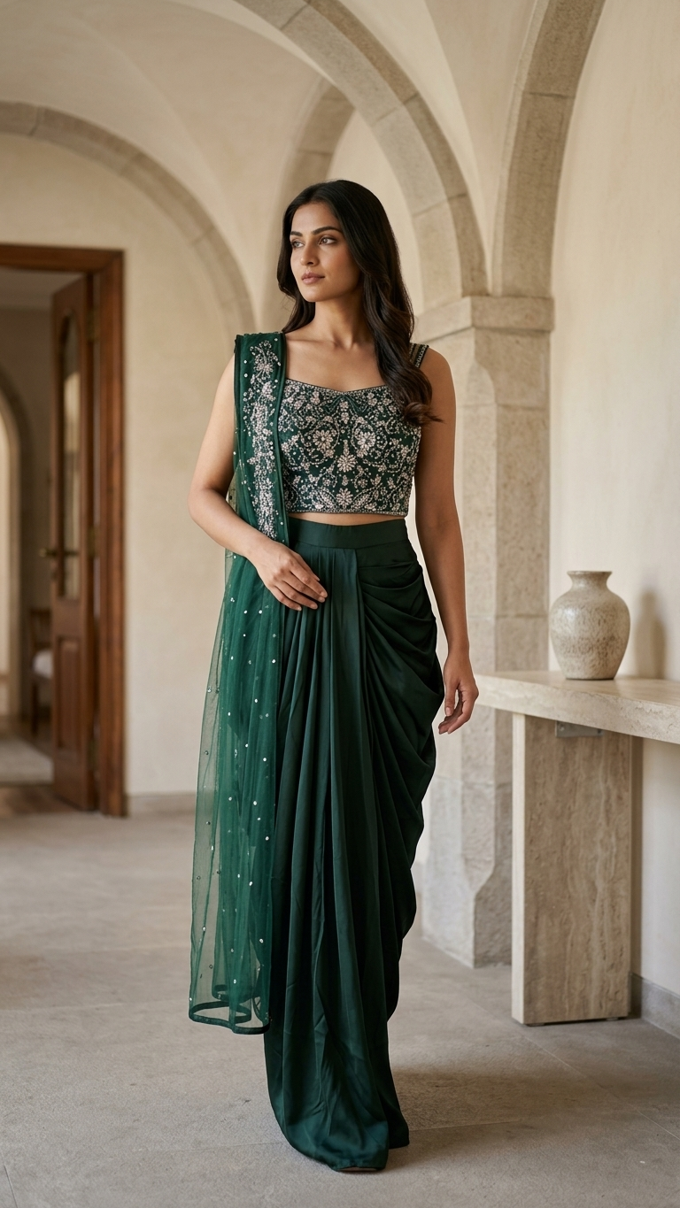 Emerald green draped set with crystal embroidered blouse Chandni Chowk premium wear