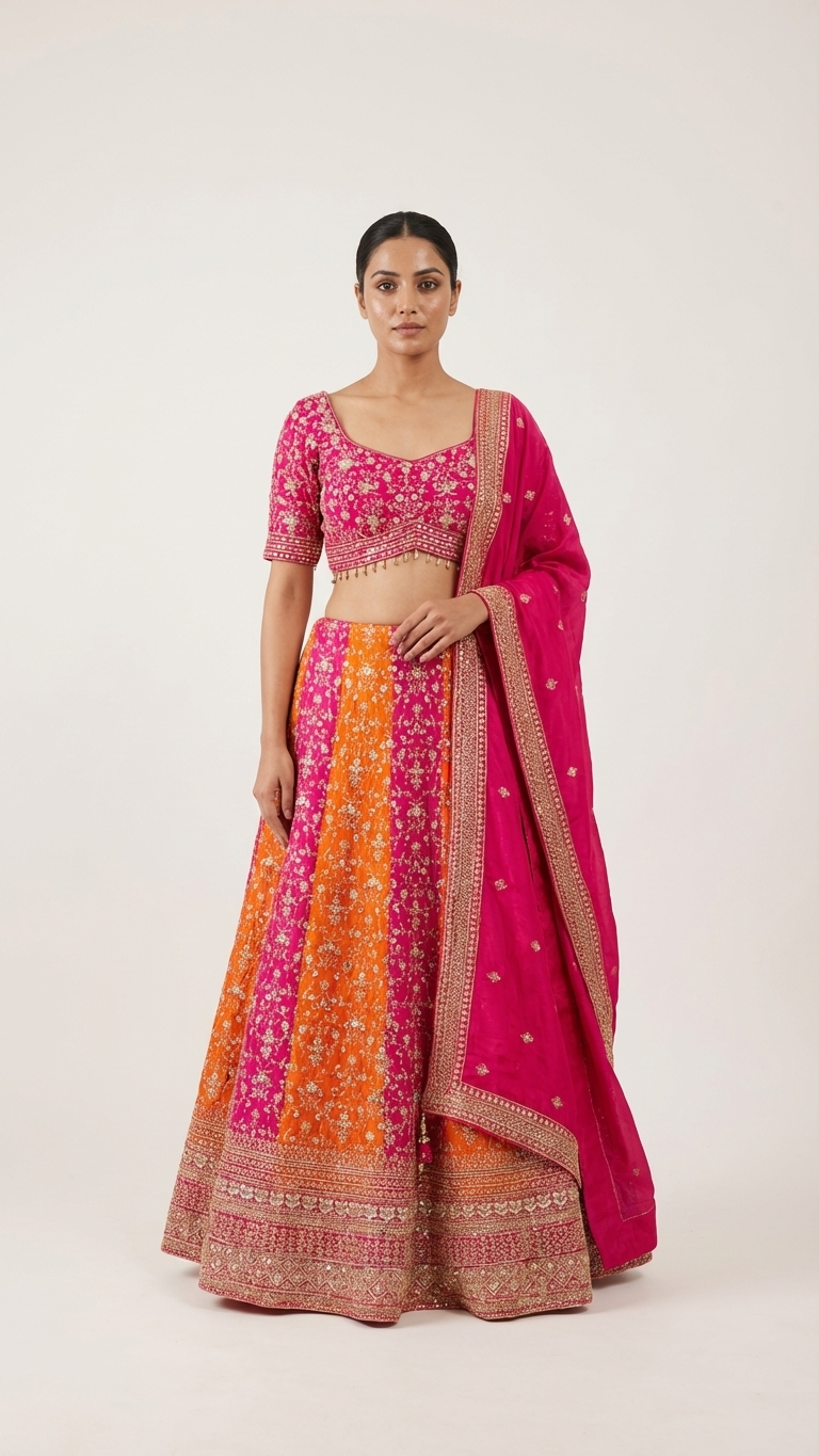 Festive crop top lehenga in orange and magenta color lightweight party wear lehenga