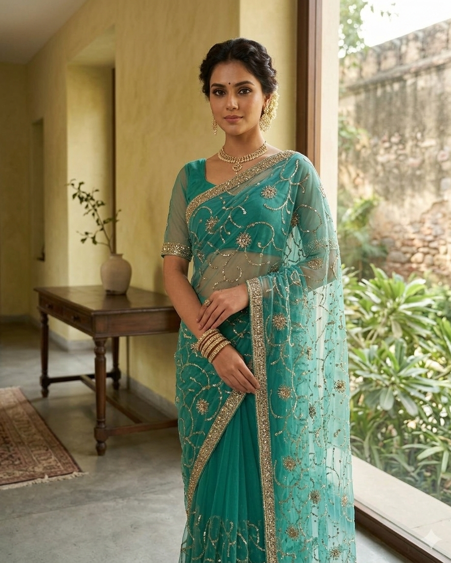 Light firozi saree stylish party and festive wear for women India