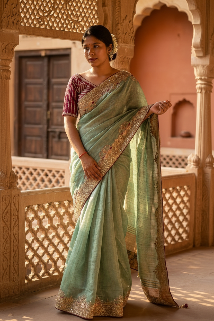 Firozi saree with gota patti work inspired by Chandni Chowk traditional ethnic wear