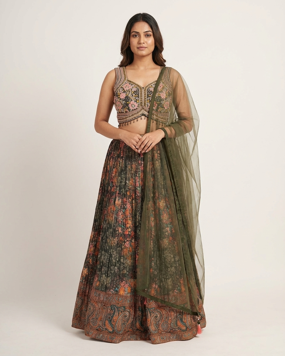 Floral lehenga with thread and mirror embroidery blouse Chandni Chowk style fashion