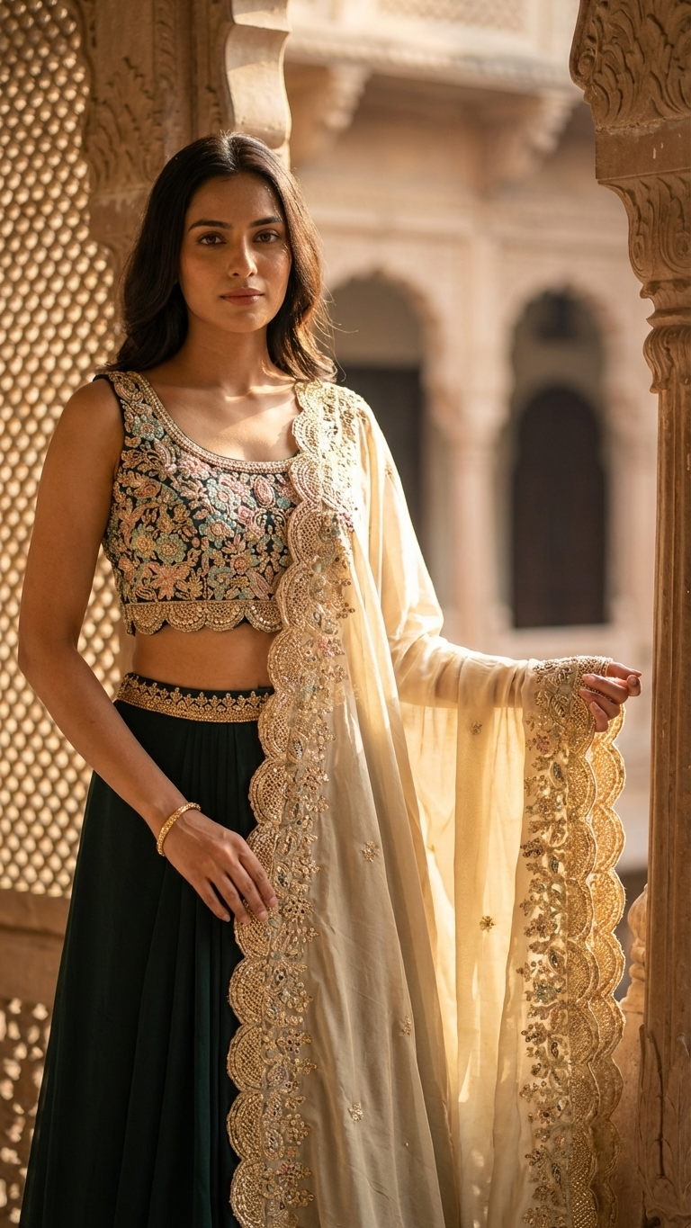 Bottle green georgette silk indo western outfit elegant festive party wear for women