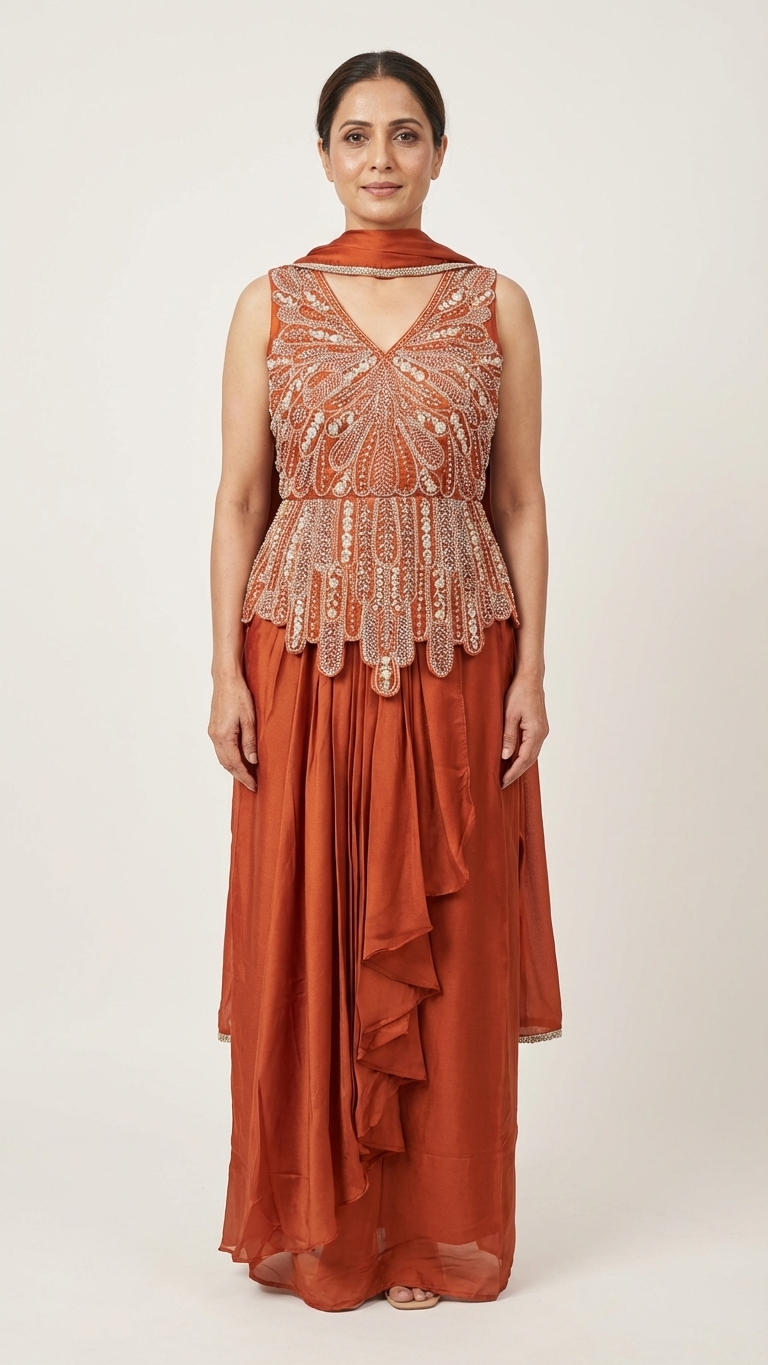 Rust orange georgette silk indo western outfit stylish festive party wear for women
